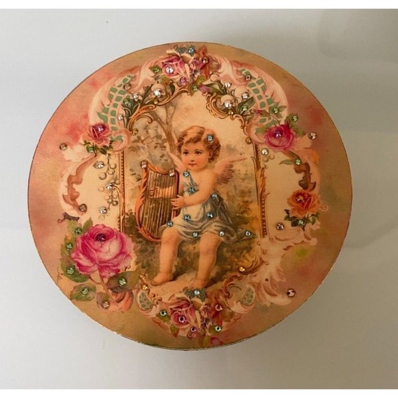 Unique Michal Negrin Trinket Box Glitters Crystals Angel Playing Harp - Picture 1 of 5